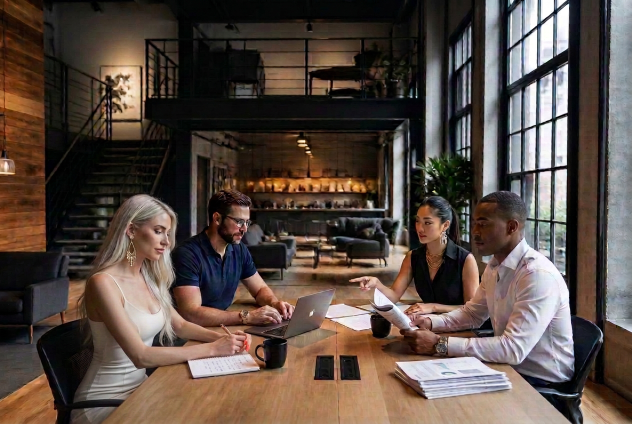 Four professionals working at a long table in a sunlit industrial loft workspace