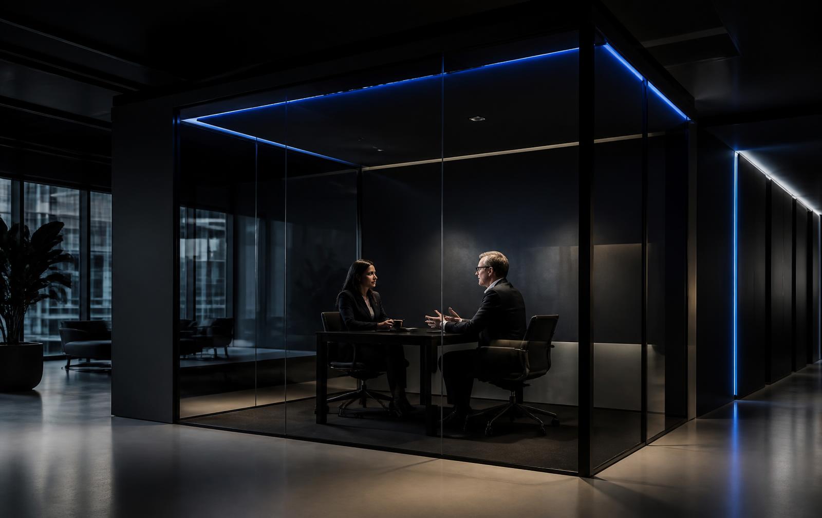 Two professionals in conversation inside a glass meeting pod in a dark contemporary office