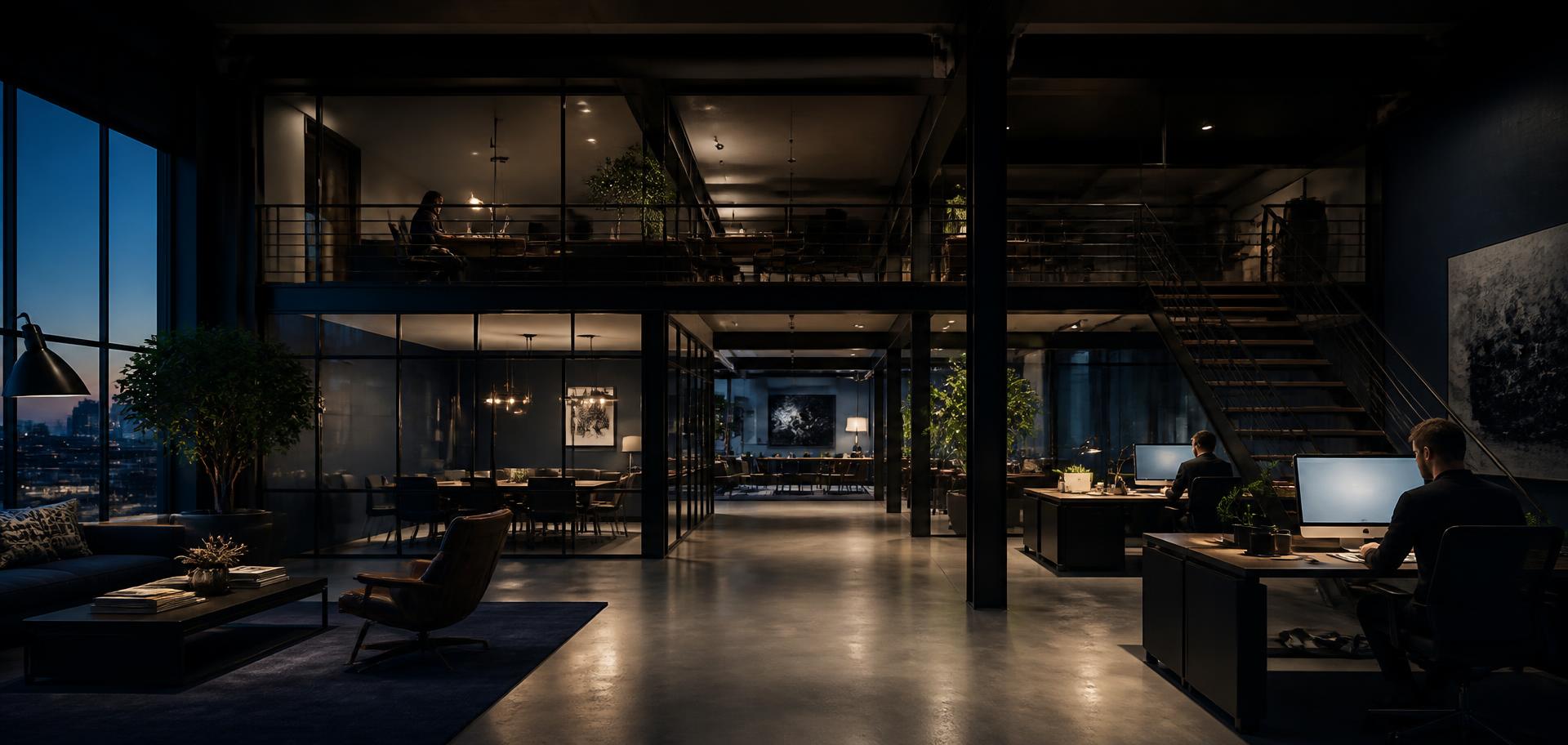 Open-plan modern workspace with mezzanine and warm accent lighting at dusk